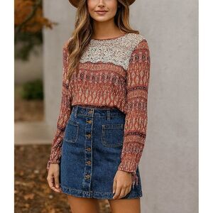 Hem & Thread Crochet Lace Red 100% Rayon Long Sleeve Top sz L Boho Cottagecore